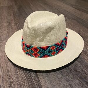 ECLECTIC ARRAY | Cream Straw Fedora Falcon Hat with Multicolored Band Aztec Boho
